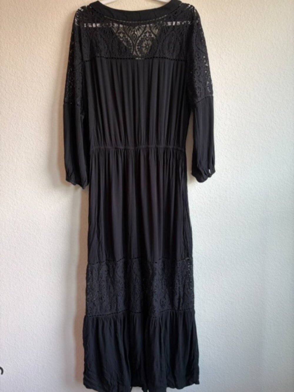 Style & Co Black Lace Trim Maxi Peasant Tiered Dress Sz XL Boho Whimsigoth - Picture 4 of 10